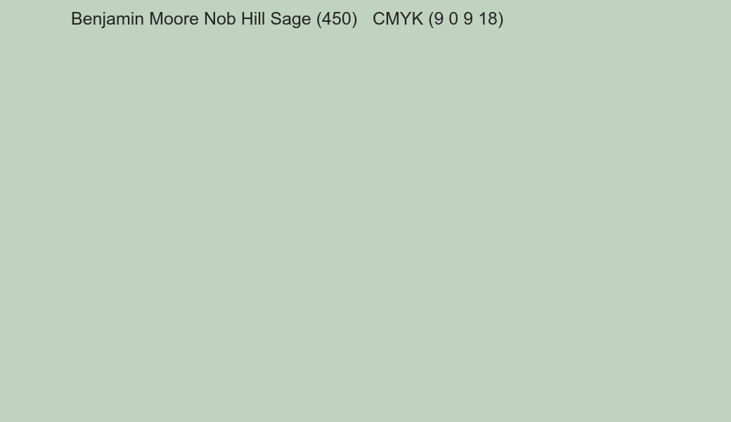 Color Benjamin Moore Nob Hill Sage (450) to CMYK (9 0 9 18) converter Color Benjamin Moore Nob Hill Sage (450) to CMYK (9 0 9 18) converter