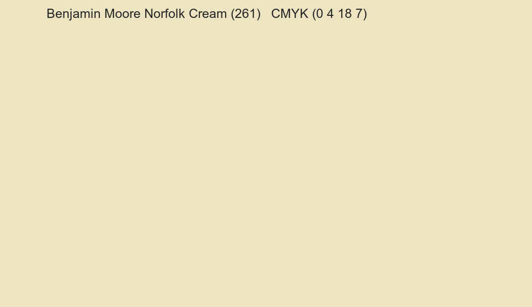 Color Benjamin Moore Norfolk Cream (261) to CMYK (0 4 18 7) converter Color Benjamin Moore Norfolk Cream (261) to CMYK (0 4 18 7) converter