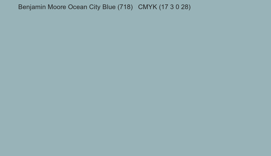 Color Benjamin Moore Ocean City Blue (718) to CMYK (17 3 0 28) converter Color Benjamin Moore Ocean City Blue (718) to CMYK (17 3 0 28) converter