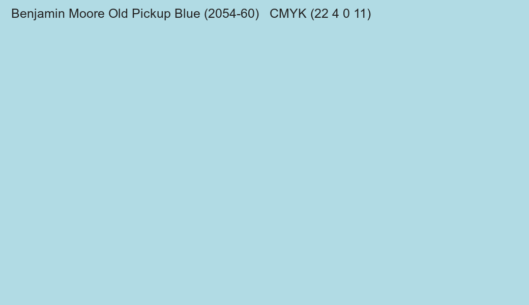 Color Benjamin Moore Old Pickup Blue (2054-60) to CMYK (22 4 0 11) converter Color Benjamin Moore Old Pickup Blue (2054-60) to CMYK (22 4 0 11) converter