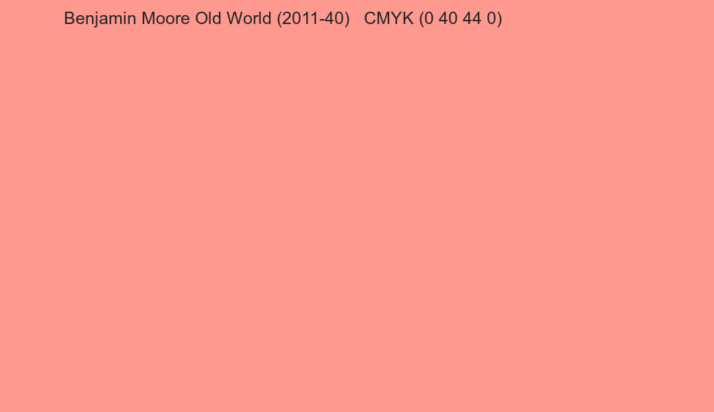 Color Benjamin Moore Old World (2011-40) to CMYK (0 40 44 0) converter Color Benjamin Moore Old World (2011-40) to CMYK (0 40 44 0) converter