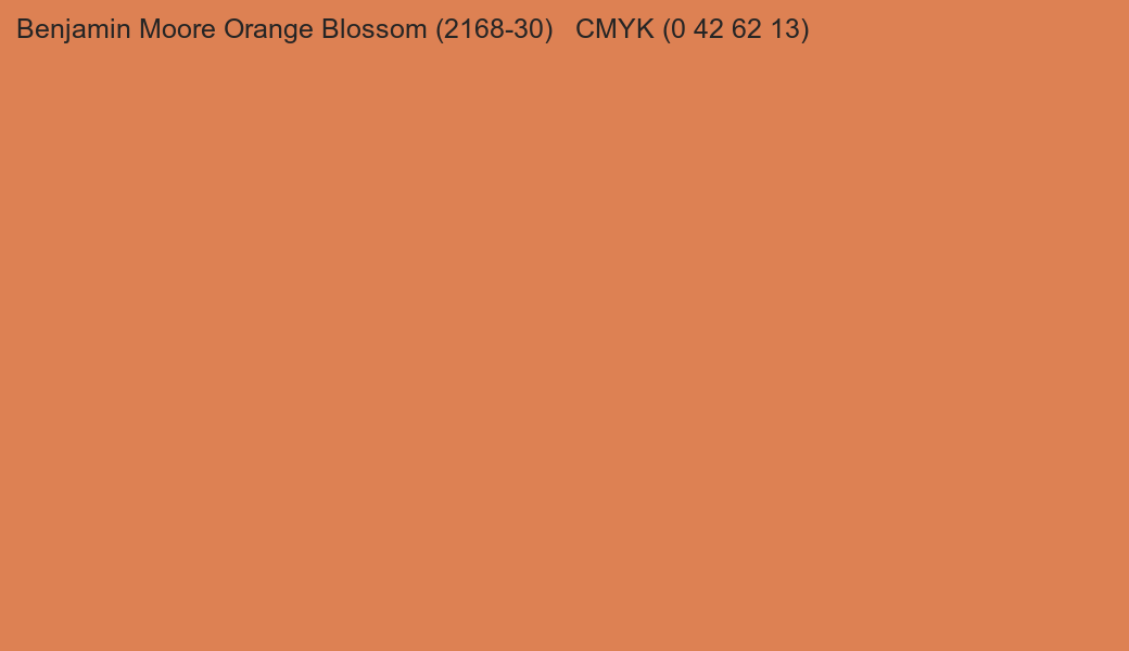Color Benjamin Moore Orange Blossom (2168-30) to CMYK (0 42 62 13) converter Color Benjamin Moore Orange Blossom (2168-30) to CMYK (0 42 62 13) converter