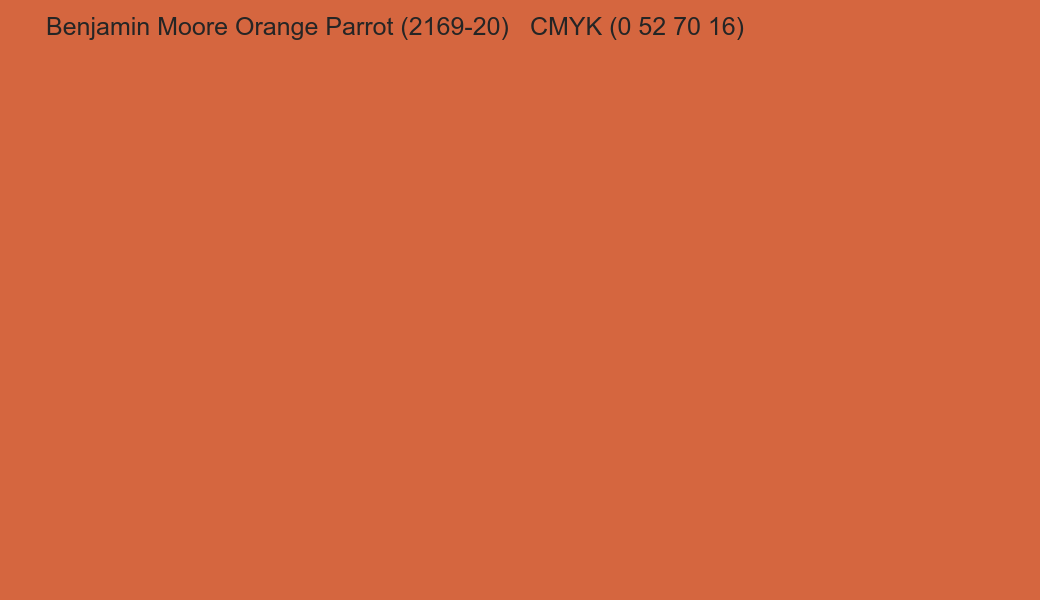 Color Benjamin Moore Orange Parrot (2169-20) to CMYK (0 52 70 16) converter Color Benjamin Moore Orange Parrot (2169-20) to CMYK (0 52 70 16) converter