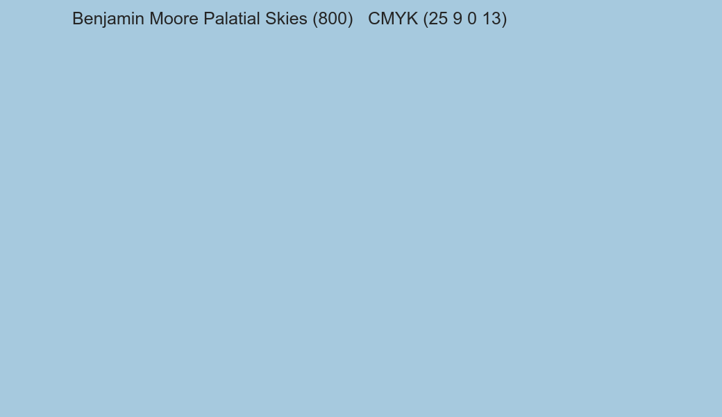 Color Benjamin Moore Palatial Skies (800) to CMYK (25 9 0 13) converter Color Benjamin Moore Palatial Skies (800) to CMYK (25 9 0 13) converter