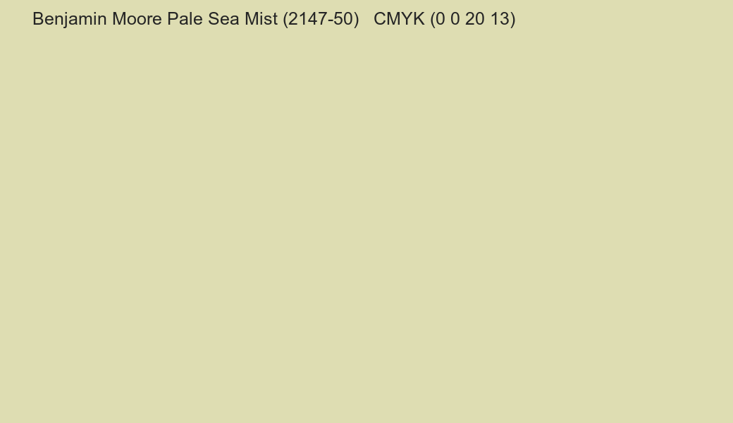 Color Benjamin Moore Pale Sea Mist (2147-50) to CMYK (0 0 20 13) converter Color Benjamin Moore Pale Sea Mist (2147-50) to CMYK (0 0 20 13) converter
