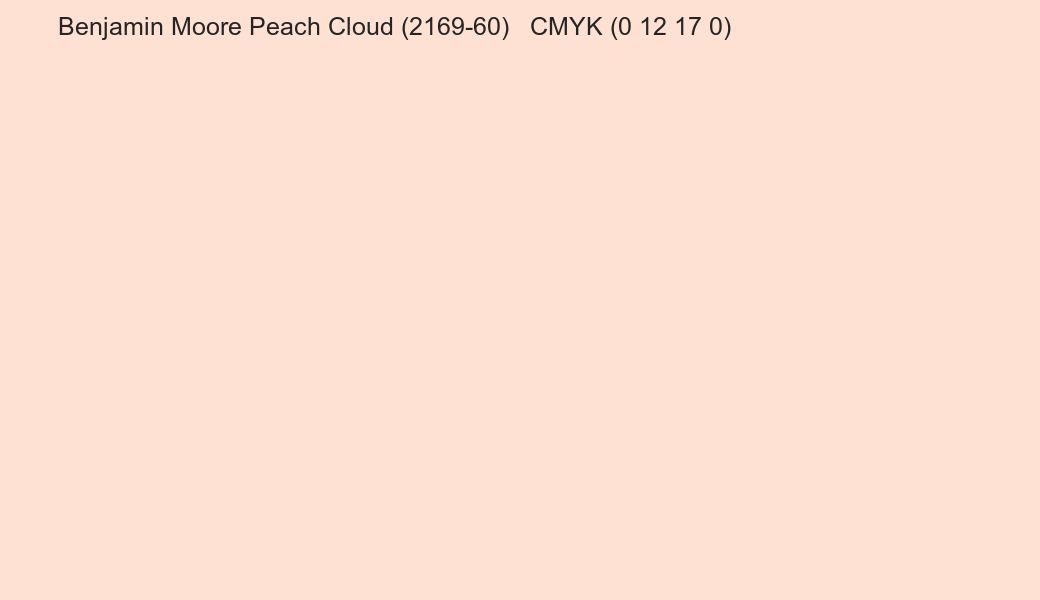 Color Benjamin Moore Peach Cloud (2169-60) to CMYK (0 12 17 0) converter Color Benjamin Moore Peach Cloud (2169-60) to CMYK (0 12 17 0) converter