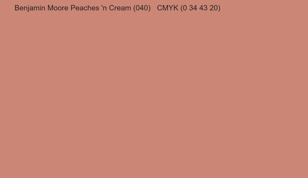 Color Benjamin Moore Peaches 'n Cream (040) to CMYK (0 34 43 20) converter Color Benjamin Moore Peaches 'n Cream (040) to CMYK (0 34 43 20) converter