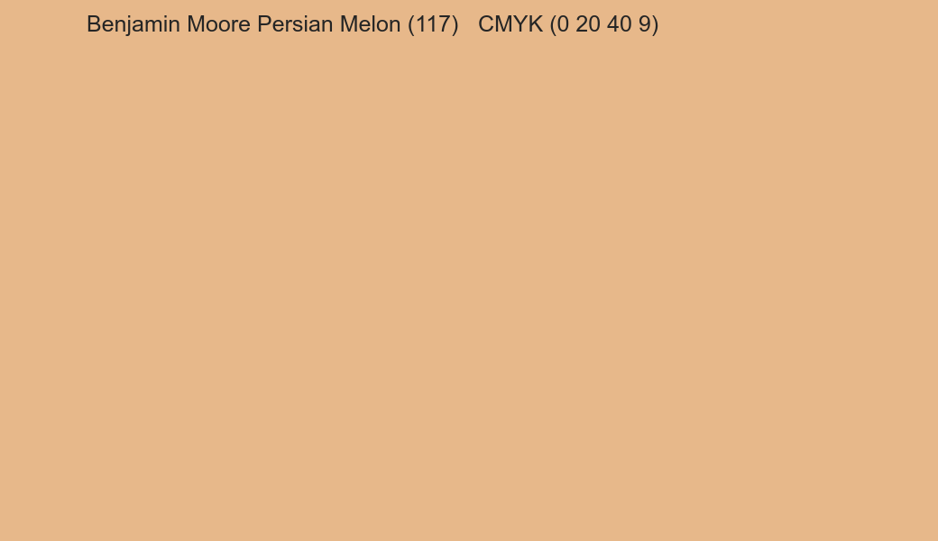 Color Benjamin Moore Persian Melon (117) to CMYK (0 20 40 9) converter Color Benjamin Moore Persian Melon (117) to CMYK (0 20 40 9) converter