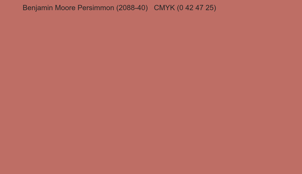 Color Benjamin Moore Persimmon (2088-40) to CMYK (0 42 47 25) converter Color Benjamin Moore Persimmon (2088-40) to CMYK (0 42 47 25) converter