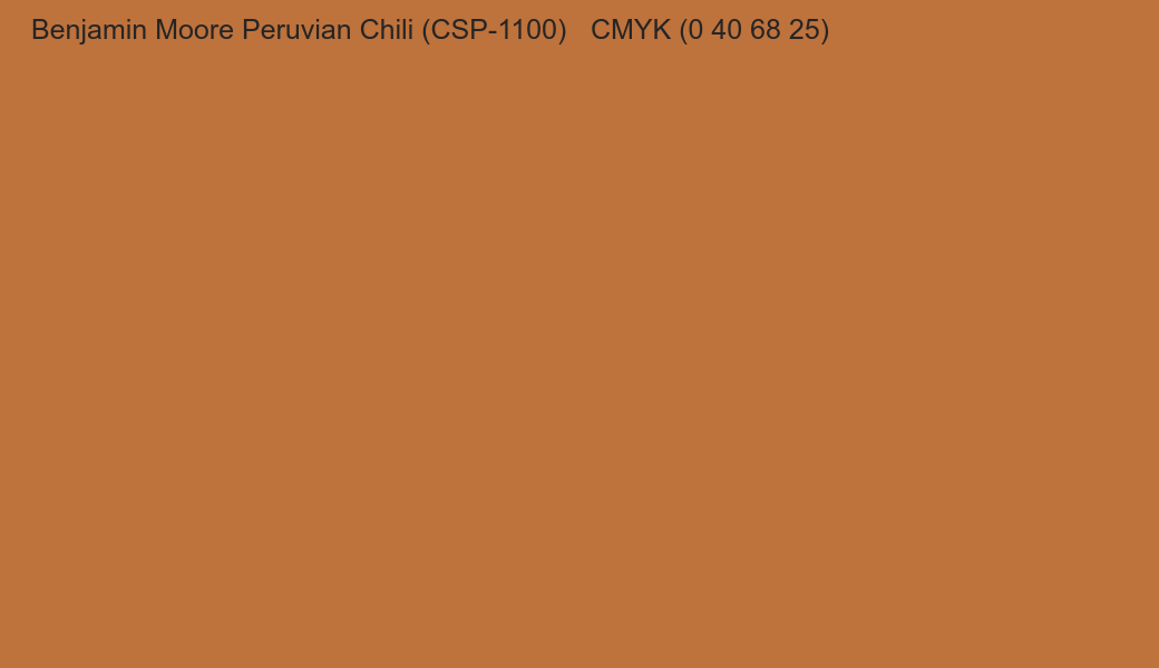 Color Benjamin Moore Peruvian Chili (CSP-1100) to CMYK (0 40 68 25) converter Color Benjamin Moore Peruvian Chili (CSP-1100) to CMYK (0 40 68 25) converter