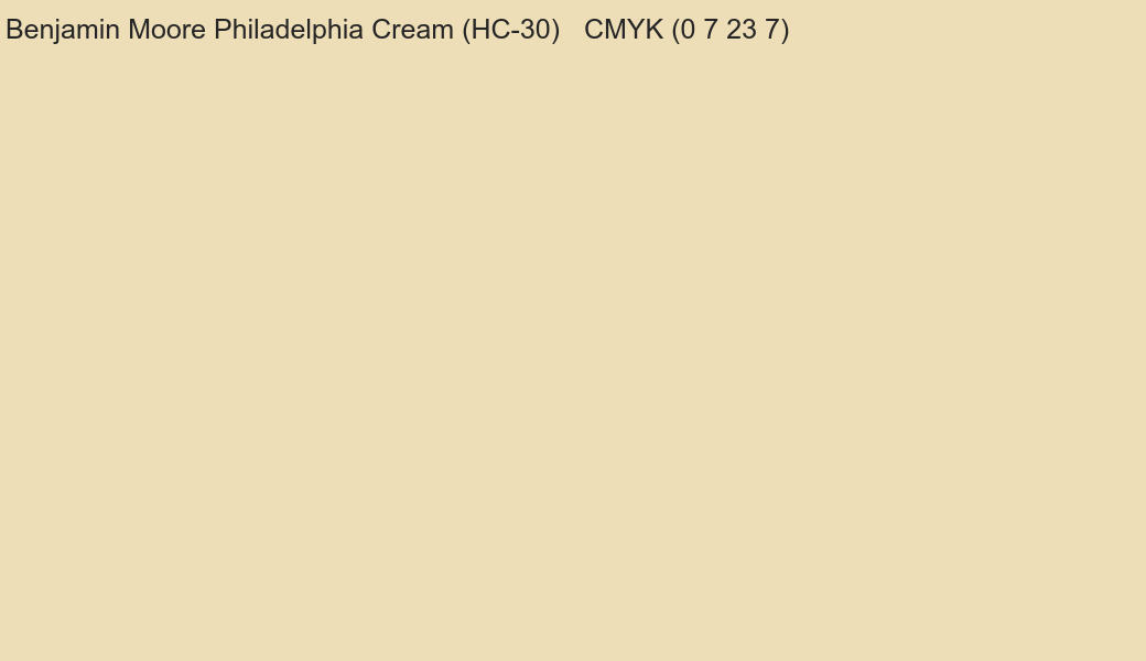 Color Benjamin Moore Philadelphia Cream (HC-30) to CMYK (0 7 23 7) converter Color Benjamin Moore Philadelphia Cream (HC-30) to CMYK (0 7 23 7) converter