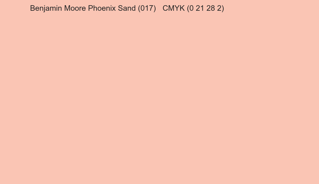 Color Benjamin Moore Phoenix Sand (017) to CMYK (0 21 28 2) converter Color Benjamin Moore Phoenix Sand (017) to CMYK (0 21 28 2) converter