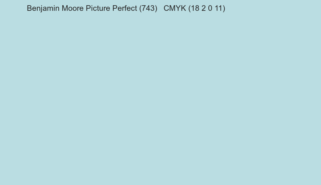 Color Benjamin Moore Picture Perfect (743) to CMYK (18 2 0 11) converter Color Benjamin Moore Picture Perfect (743) to CMYK (18 2 0 11) converter