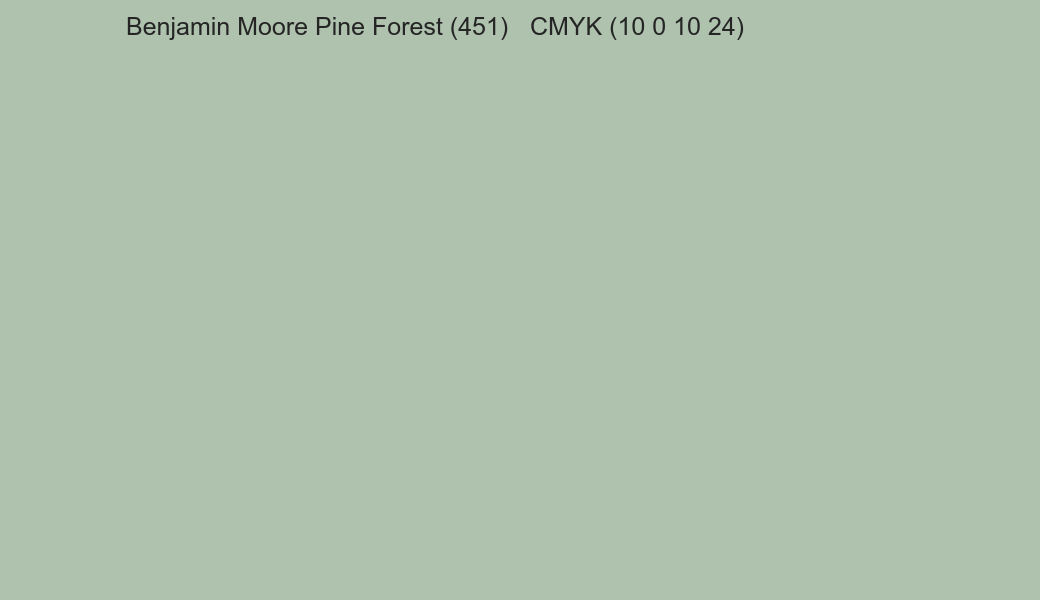 Color Benjamin Moore Pine Forest (451) to CMYK (10 0 10 24) converter Color Benjamin Moore Pine Forest (451) to CMYK (10 0 10 24) converter