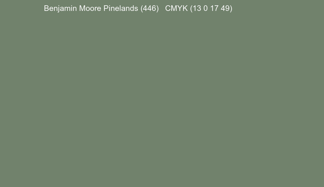 Color Benjamin Moore Pinelands (446) to CMYK (13 0 17 49) converter Color Benjamin Moore Pinelands (446) to CMYK (13 0 17 49) converter