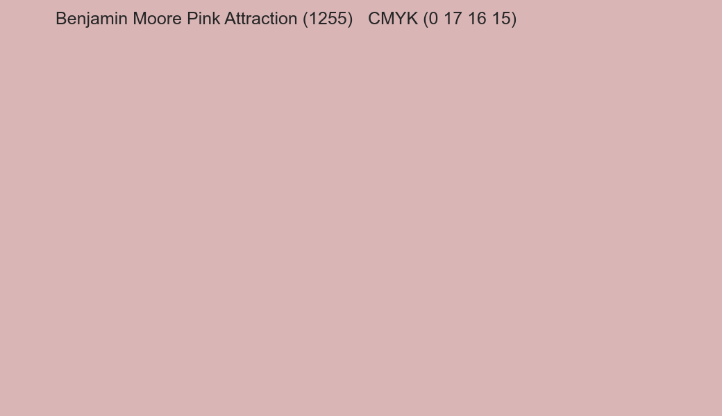 Color Benjamin Moore Pink Attraction (1255) to CMYK (0 17 16 15) converter Color Benjamin Moore Pink Attraction (1255) to CMYK (0 17 16 15) converter