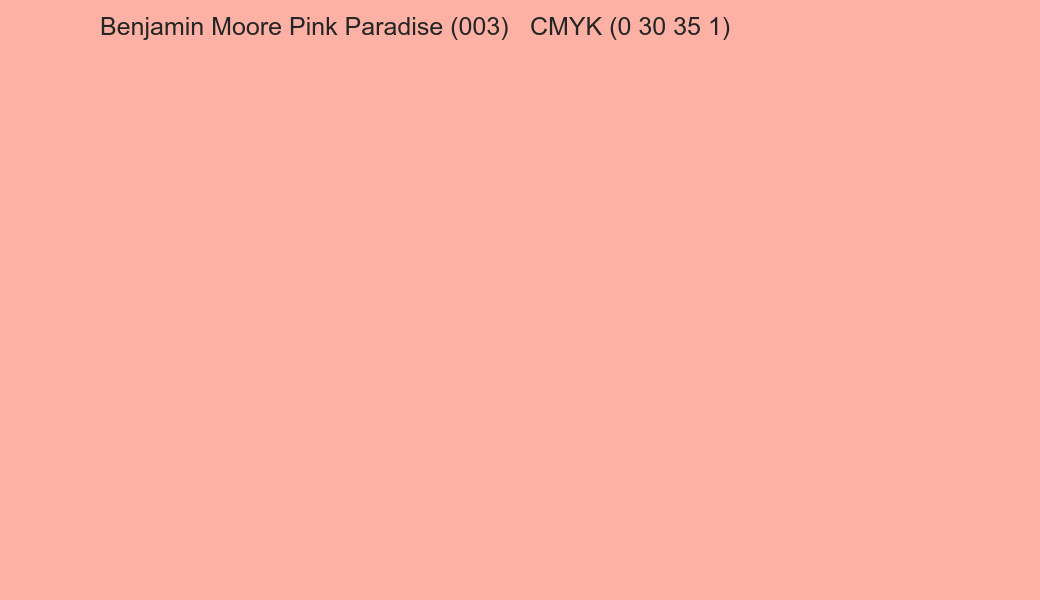 Color Benjamin Moore Pink Paradise (003) to CMYK (0 30 35 1) converter Color Benjamin Moore Pink Paradise (003) to CMYK (0 30 35 1) converter