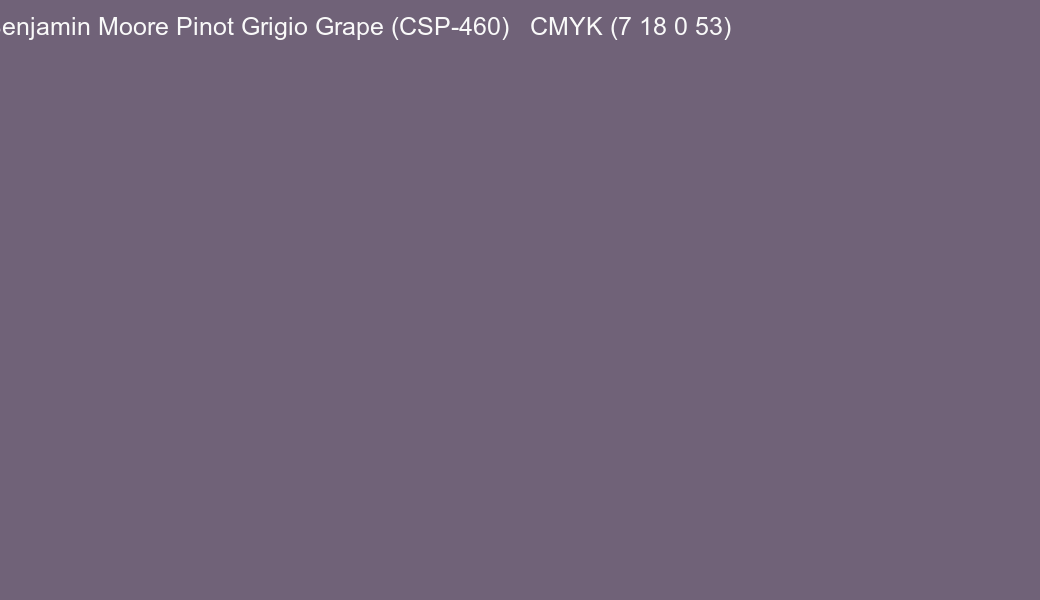 Color Benjamin Moore Pinot Grigio Grape (CSP-460) to CMYK (7 18 0 53) converter Color Benjamin Moore Pinot Grigio Grape (CSP-460) to CMYK (7 18 0 53) converter