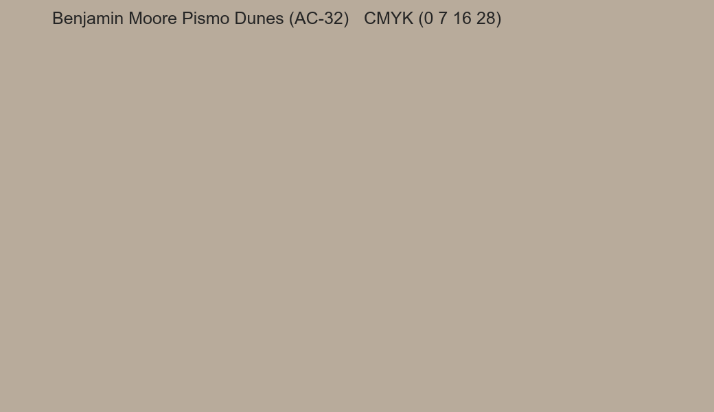 Color Benjamin Moore Pismo Dunes (AC-32) to CMYK (0 7 16 28) converter Color Benjamin Moore Pismo Dunes (AC-32) to CMYK (0 7 16 28) converter