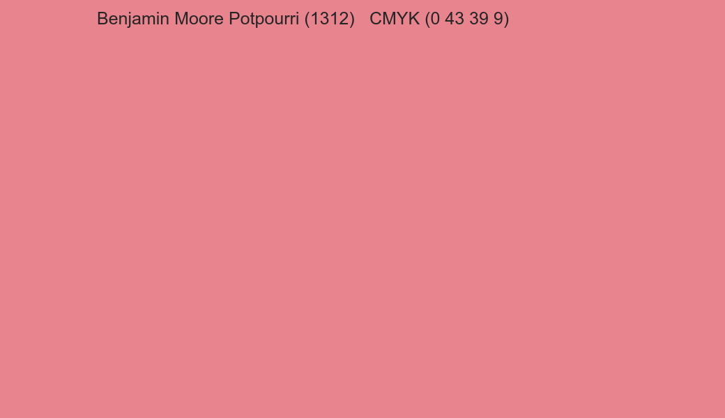 Color Benjamin Moore Potpourri (1312) to CMYK (0 43 39 9) converter Color Benjamin Moore Potpourri (1312) to CMYK (0 43 39 9) converter