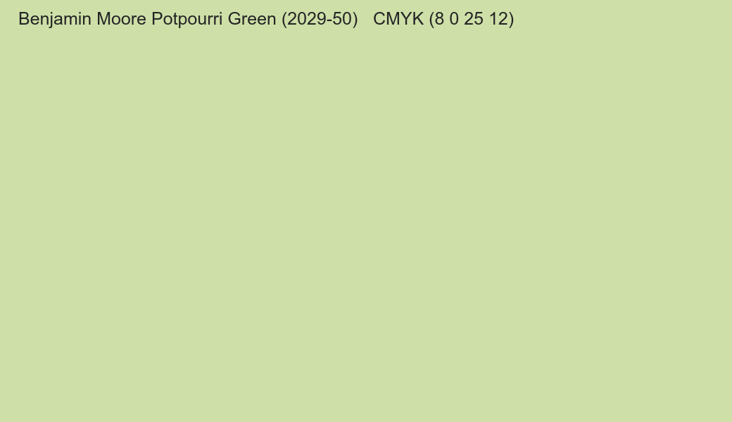 Color Benjamin Moore Potpourri Green (2029-50) to CMYK (8 0 25 12) converter Color Benjamin Moore Potpourri Green (2029-50) to CMYK (8 0 25 12) converter