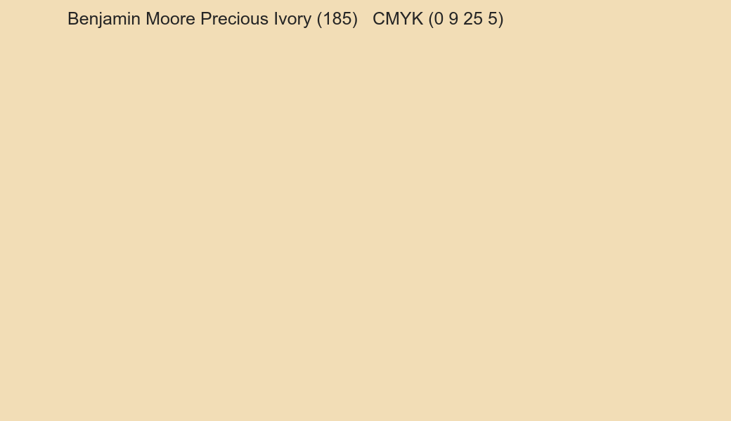 Color Benjamin Moore Precious Ivory (185) to CMYK (0 9 25 5) converter Color Benjamin Moore Precious Ivory (185) to CMYK (0 9 25 5) converter