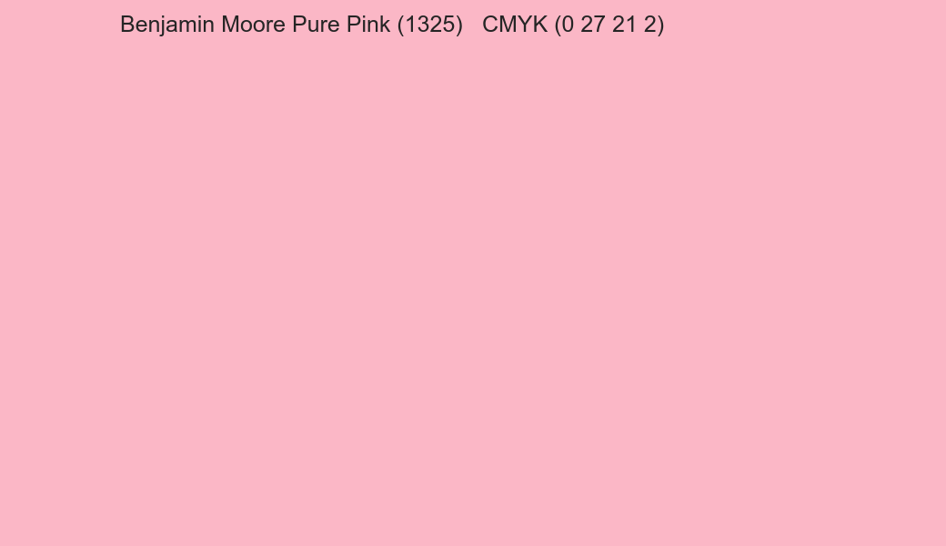 Color Benjamin Moore Pure Pink (1325) to CMYK (0 27 21 2) converter Color Benjamin Moore Pure Pink (1325) to CMYK (0 27 21 2) converter