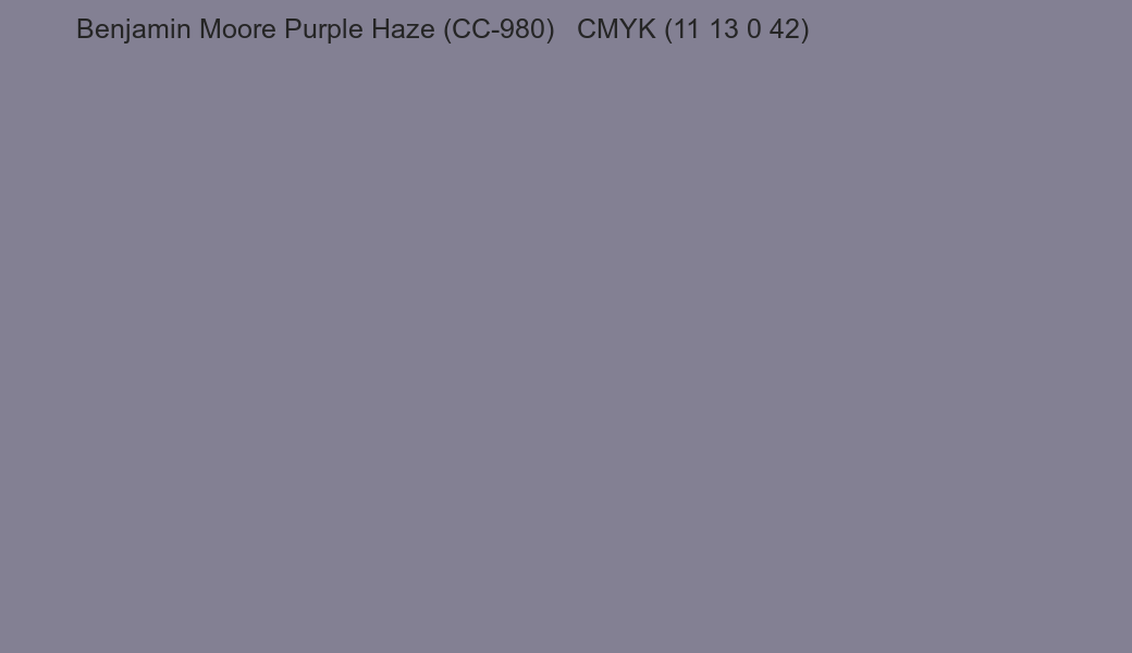 Color Benjamin Moore Purple Haze (CC-980) to CMYK (11 13 0 42) converter Color Benjamin Moore Purple Haze (CC-980) to CMYK (11 13 0 42) converter