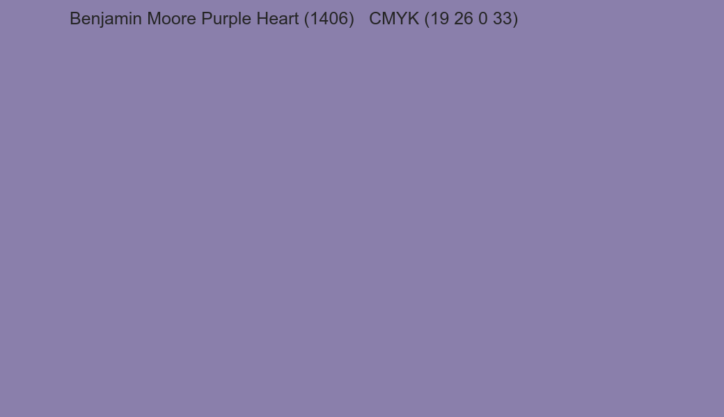 Color Benjamin Moore Purple Heart (1406) to CMYK (19 26 0 33) converter Color Benjamin Moore Purple Heart (1406) to CMYK (19 26 0 33) converter