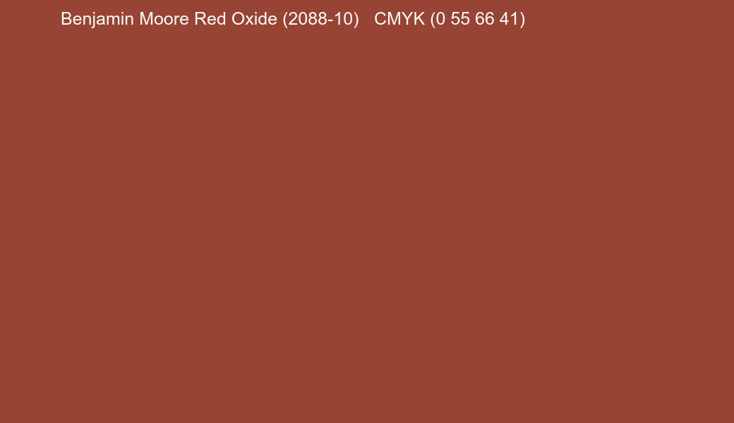 Color Benjamin Moore Red Oxide (2088-10) to CMYK (0 55 66 41) converter Color Benjamin Moore Red Oxide (2088-10) to CMYK (0 55 66 41) converter