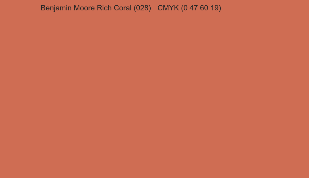 Color Benjamin Moore Rich Coral (028) to CMYK (0 47 60 19) converter Color Benjamin Moore Rich Coral (028) to CMYK (0 47 60 19) converter