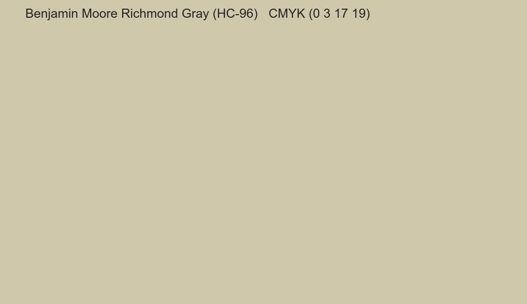 Color Benjamin Moore Richmond Gray (HC-96) to CMYK (0 3 17 19) converter Color Benjamin Moore Richmond Gray (HC-96) to CMYK (0 3 17 19) converter