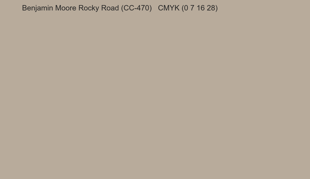 Color Benjamin Moore Rocky Road (CC-470) to CMYK (0 7 16 28) converter Color Benjamin Moore Rocky Road (CC-470) to CMYK (0 7 16 28) converter