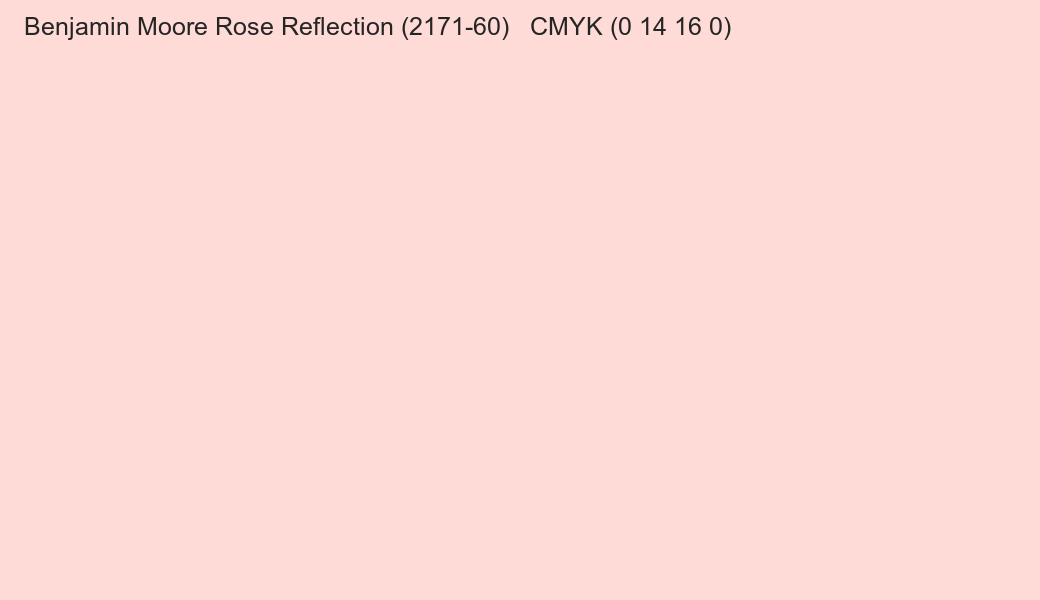 Color Benjamin Moore Rose Reflection (2171-60) to CMYK (0 14 16 0) converter Color Benjamin Moore Rose Reflection (2171-60) to CMYK (0 14 16 0) converter