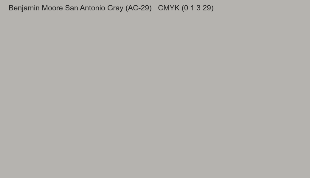 Color Benjamin Moore San Antonio Gray (AC-29) to CMYK (0 1 3 29) converter Color Benjamin Moore San Antonio Gray (AC-29) to CMYK (0 1 3 29) converter