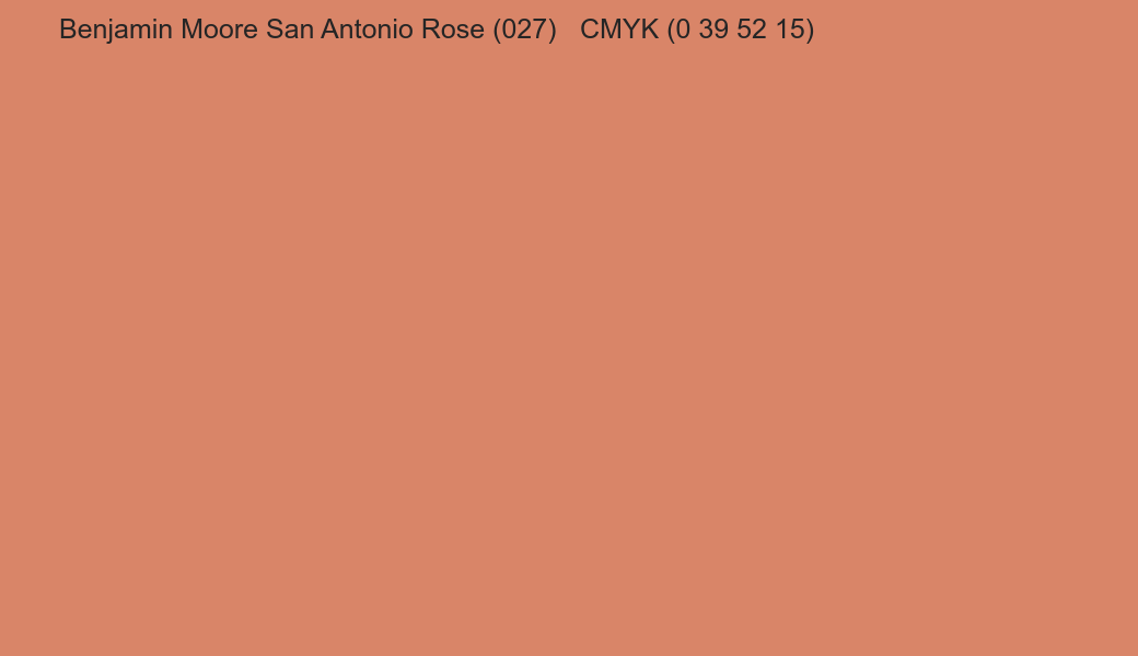 Color Benjamin Moore San Antonio Rose (027) to CMYK (0 39 52 15) converter Color Benjamin Moore San Antonio Rose (027) to CMYK (0 39 52 15) converter