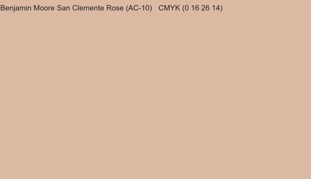Color Benjamin Moore San Clemente Rose (AC-10) to CMYK (0 16 26 14) converter Color Benjamin Moore San Clemente Rose (AC-10) to CMYK (0 16 26 14) converter