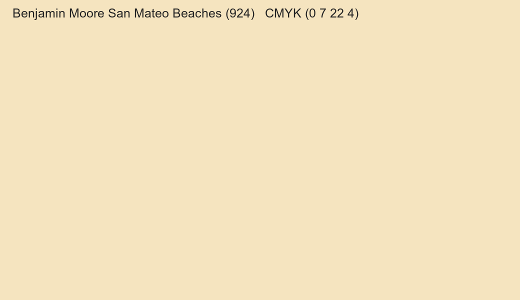Color Benjamin Moore San Mateo Beaches (924) to CMYK (0 7 22 4) converter Color Benjamin Moore San Mateo Beaches (924) to CMYK (0 7 22 4) converter