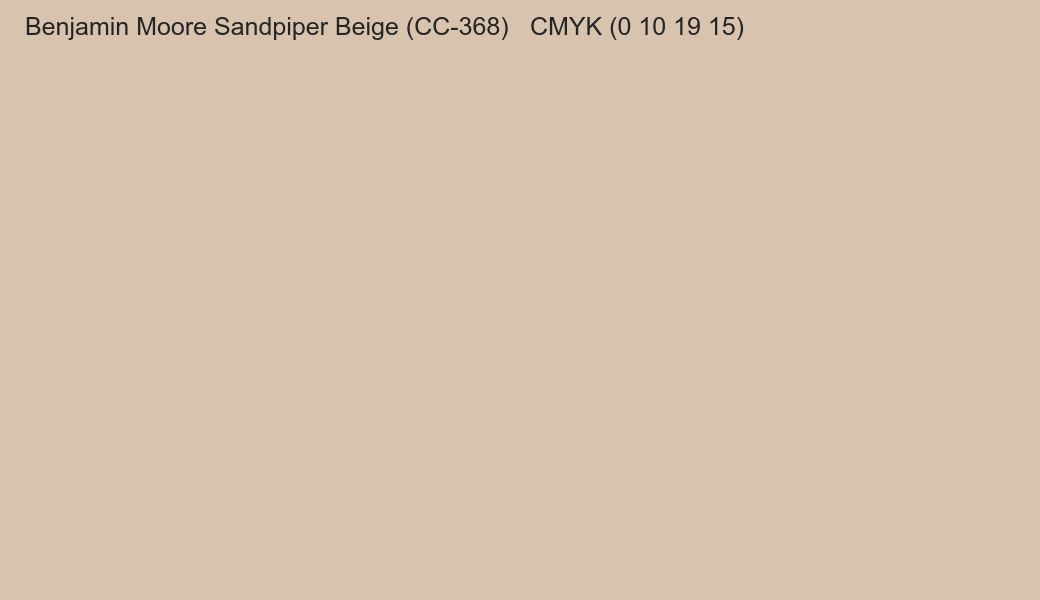 Color Benjamin Moore Sandpiper Beige (CC-368) to CMYK (0 10 19 15) converter Color Benjamin Moore Sandpiper Beige (CC-368) to CMYK (0 10 19 15) converter