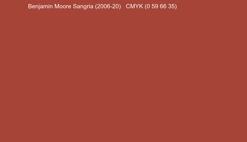 Color Benjamin Moore Sangria (2006-20) to CMYK (0 59 66 35) converter Color Benjamin Moore Sangria (2006-20) to CMYK (0 59 66 35) converter