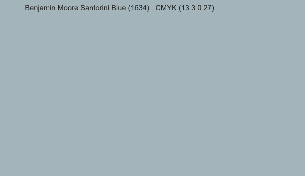 Color Benjamin Moore Santorini Blue (1634) to CMYK (13 3 0 27) converter Color Benjamin Moore Santorini Blue (1634) to CMYK (13 3 0 27) converter