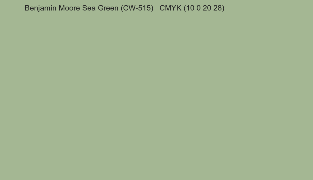 Color Benjamin Moore Sea Green (CW-515) to CMYK (10 0 20 28) converter Color Benjamin Moore Sea Green (CW-515) to CMYK (10 0 20 28) converter