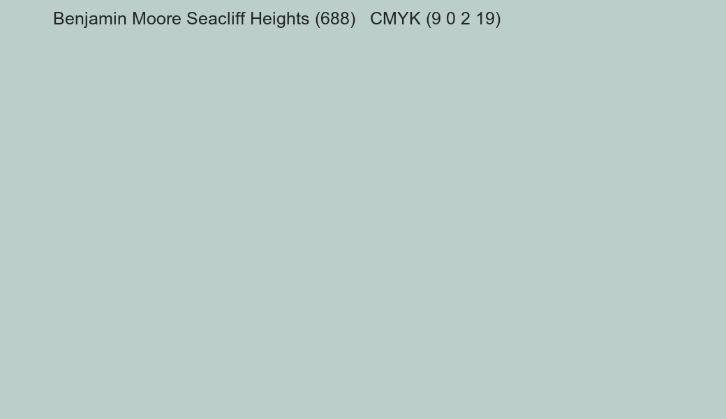 Color Benjamin Moore Seacliff Heights (688) to CMYK (9 0 2 19) converter Color Benjamin Moore Seacliff Heights (688) to CMYK (9 0 2 19) converter