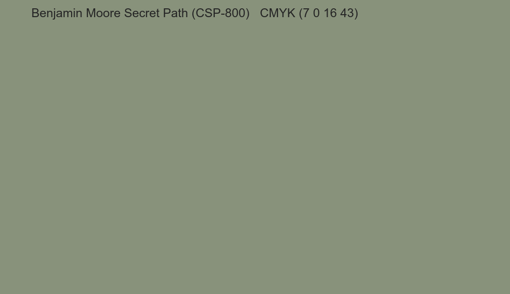 Color Benjamin Moore Secret Path (CSP-800) to CMYK (7 0 16 43) converter Color Benjamin Moore Secret Path (CSP-800) to CMYK (7 0 16 43) converter