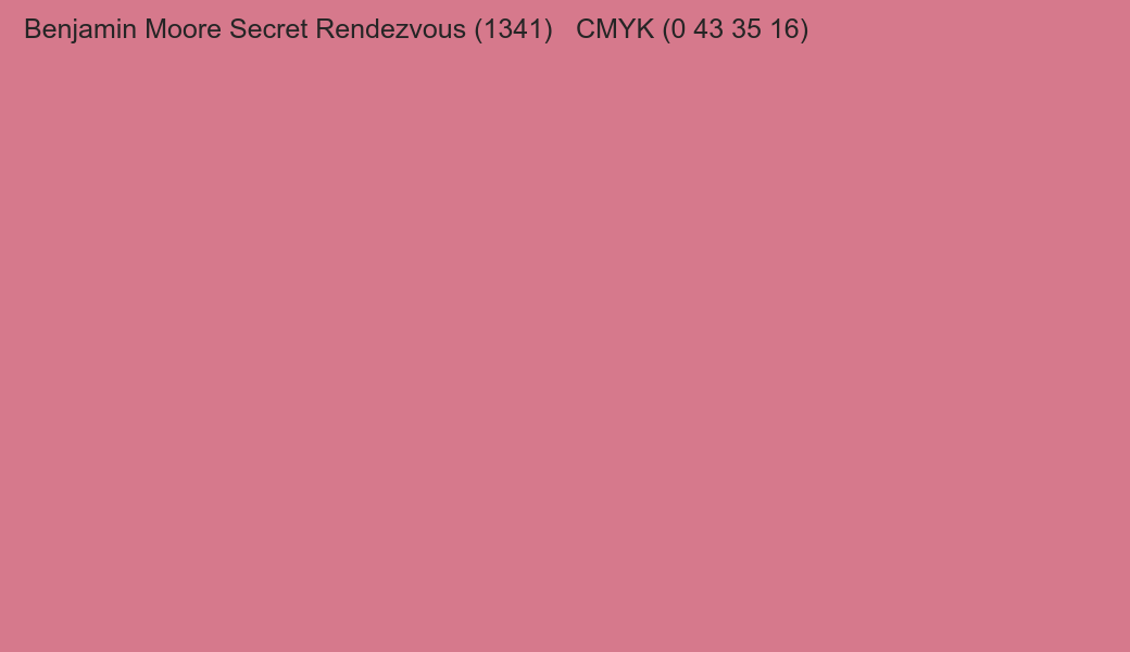 Color Benjamin Moore Secret Rendezvous (1341) to CMYK (0 43 35 16) converter Color Benjamin Moore Secret Rendezvous (1341) to CMYK (0 43 35 16) converter