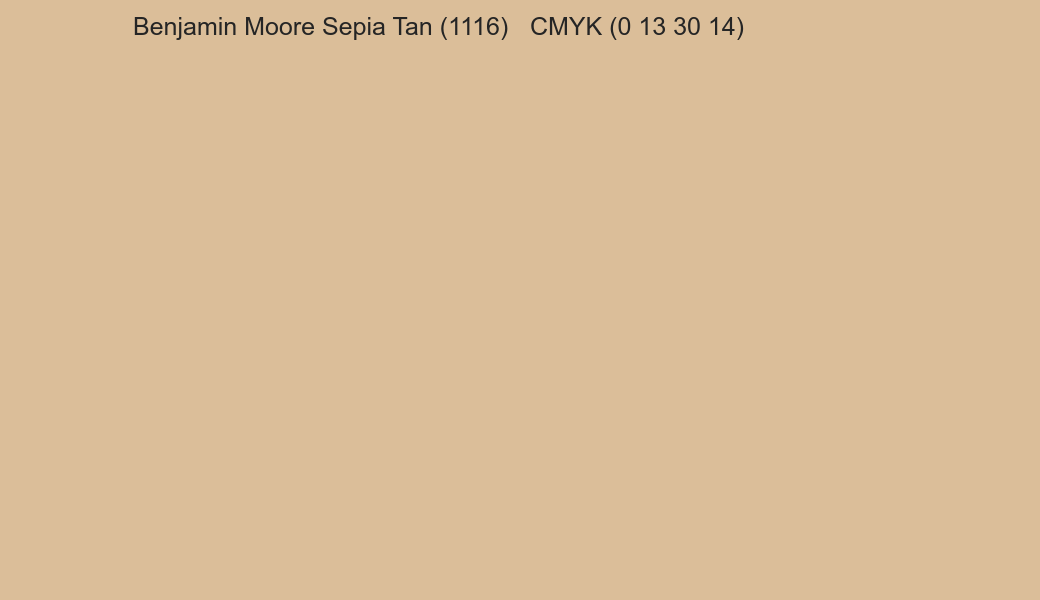 Color Benjamin Moore Sepia Tan (1116) to CMYK (0 13 30 14) converter Color Benjamin Moore Sepia Tan (1116) to CMYK (0 13 30 14) converter