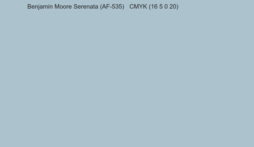 Color Benjamin Moore Serenata (AF-535) to CMYK (16 5 0 20) converter Color Benjamin Moore Serenata (AF-535) to CMYK (16 5 0 20) converter