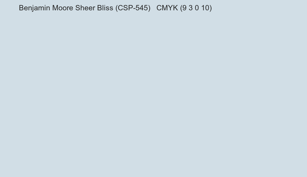 Color Benjamin Moore Sheer Bliss (CSP-545) to CMYK (9 3 0 10) converter Color Benjamin Moore Sheer Bliss (CSP-545) to CMYK (9 3 0 10) converter