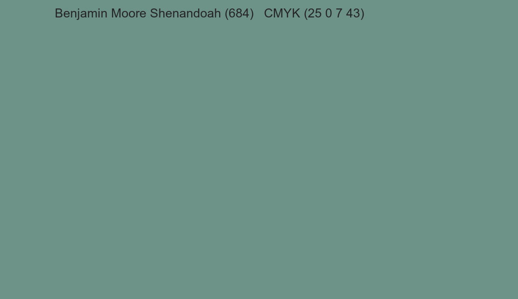Color Benjamin Moore Shenandoah (684) to CMYK (25 0 7 43) converter Color Benjamin Moore Shenandoah (684) to CMYK (25 0 7 43) converter