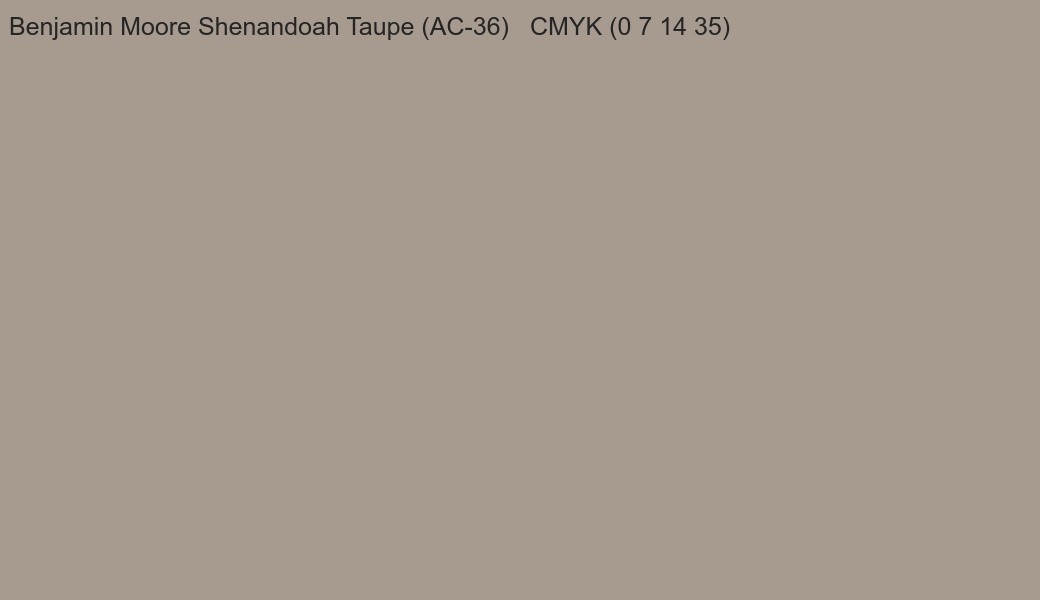 Color Benjamin Moore Shenandoah Taupe (AC-36) to CMYK (0 7 14 35) converter Color Benjamin Moore Shenandoah Taupe (AC-36) to CMYK (0 7 14 35) converter